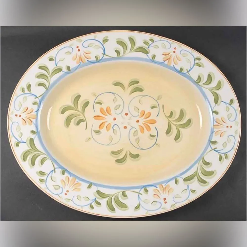 The Cellar Macy’s Handpaint Artisan Floral Oval Platter Green Orange 18 3/4 X 15